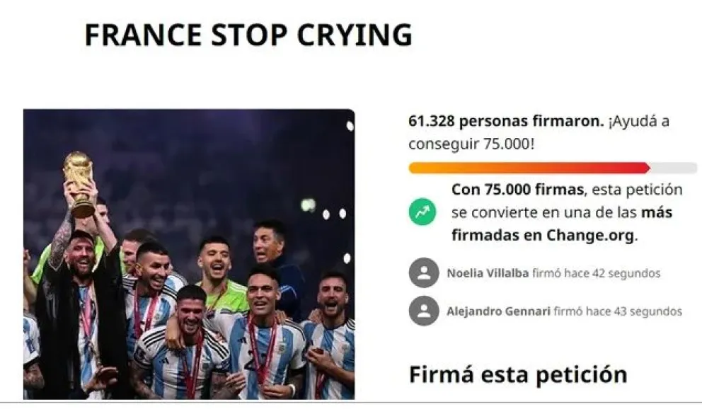 Hinchas argentinos juntan firmas para que "Francia pare de llorar"