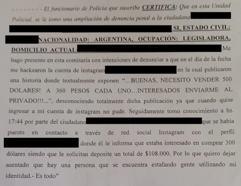 Siguen los hackeos de cuentas de Instagram para estafar y ahora cayó una legisladora