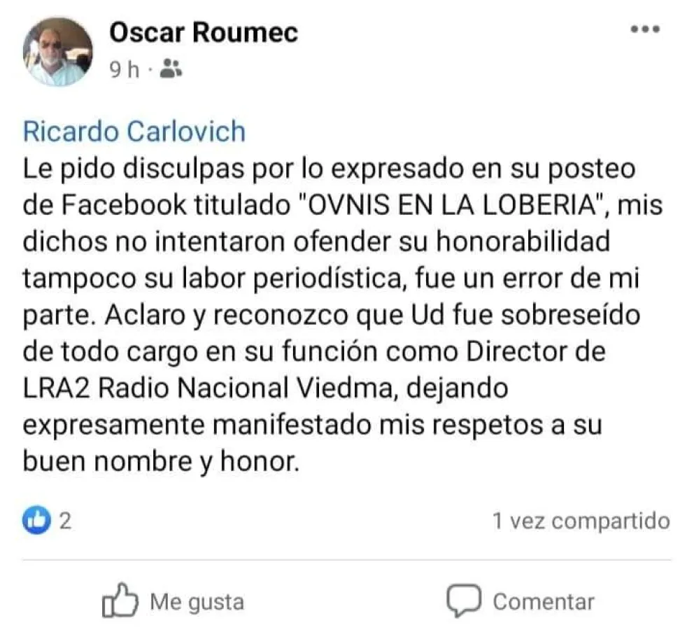 Ricardo Carlovich fue víctima de calumnias e injurias y le tuvieron que pedir perdón
